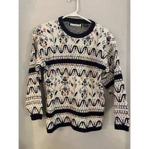 Vintage 80's Bramble Lane Womens Medium Ski Sweater Multi‎ Color Navy Trim M